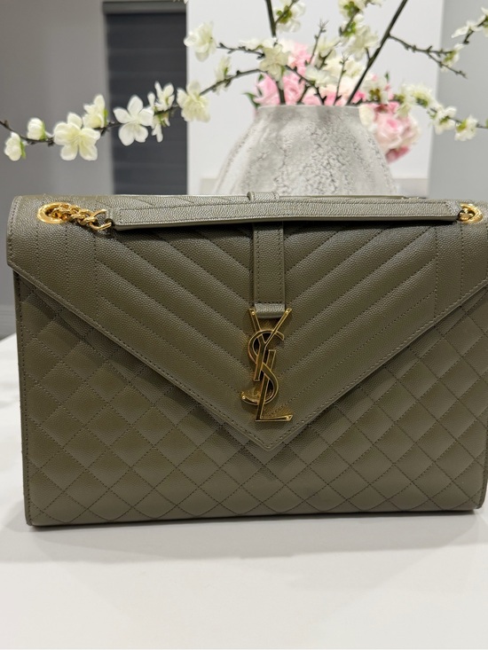 Saint Laurent Handbags - Saint Laurent Quilted Olive Green Envelope Shoulder Bag with Gold Hardware